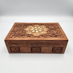 Vintage Intricately Carved Wooden Trinket Box with Floral Cream Inlay